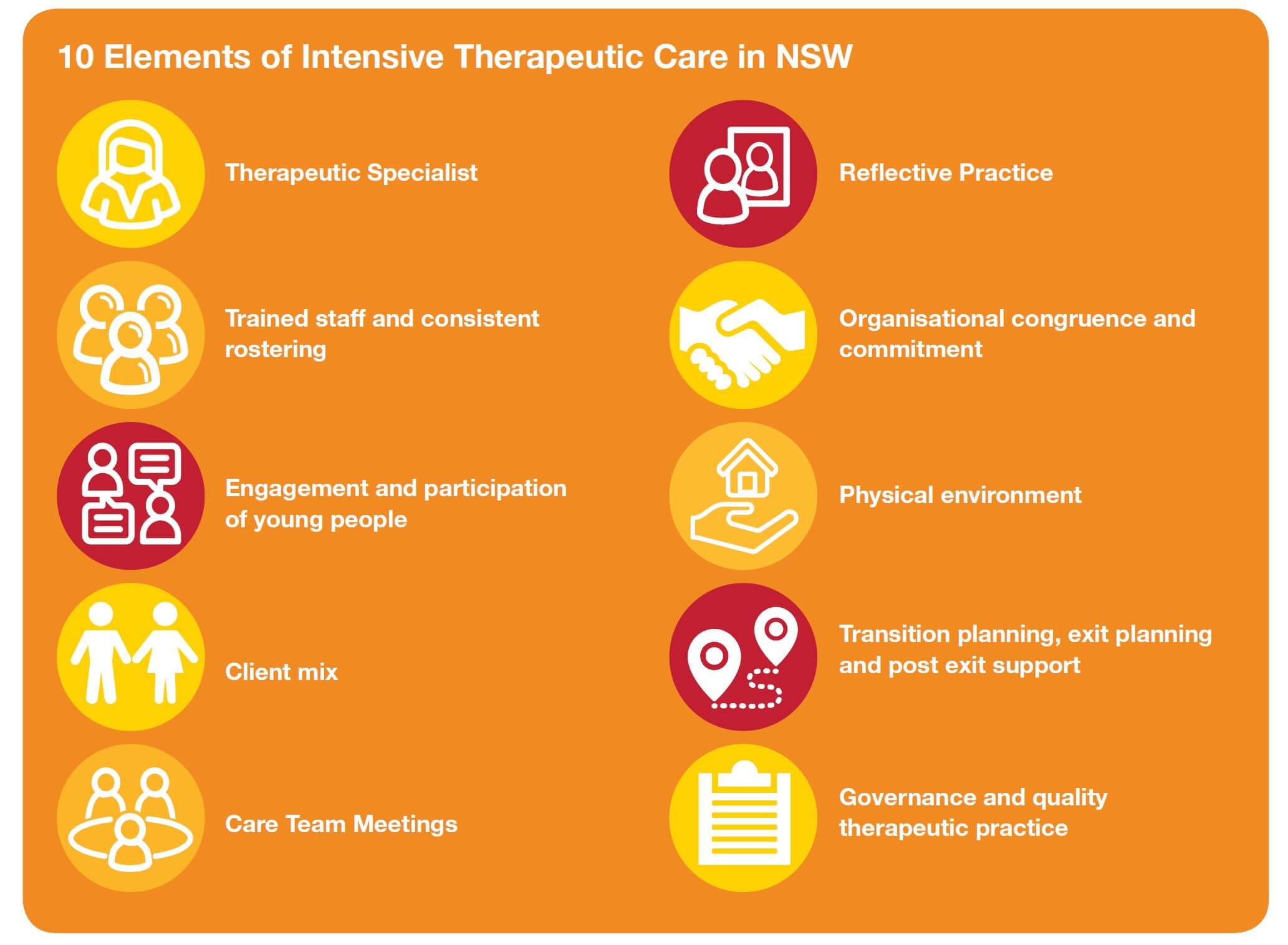 What are the 10 essential elements of the Intensive Therapeutic Care System in NSW?